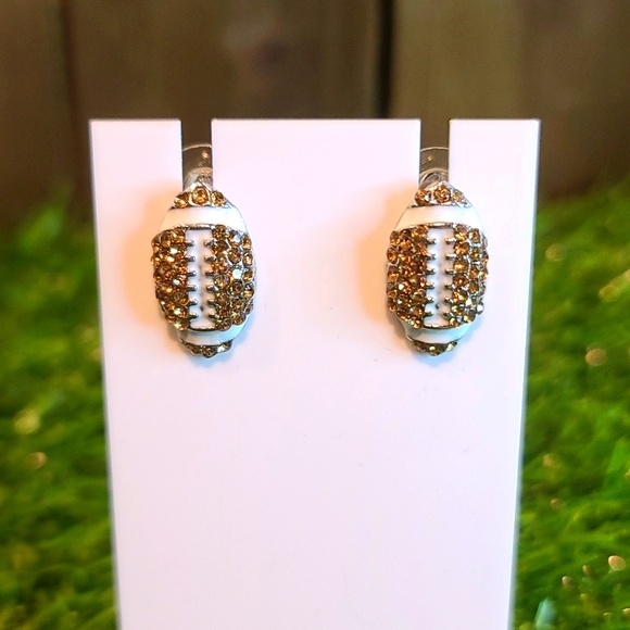 NFL Sport Tribute Stud Earrings Football themed - brown rhinestone white enamel - Picture 2 of 9